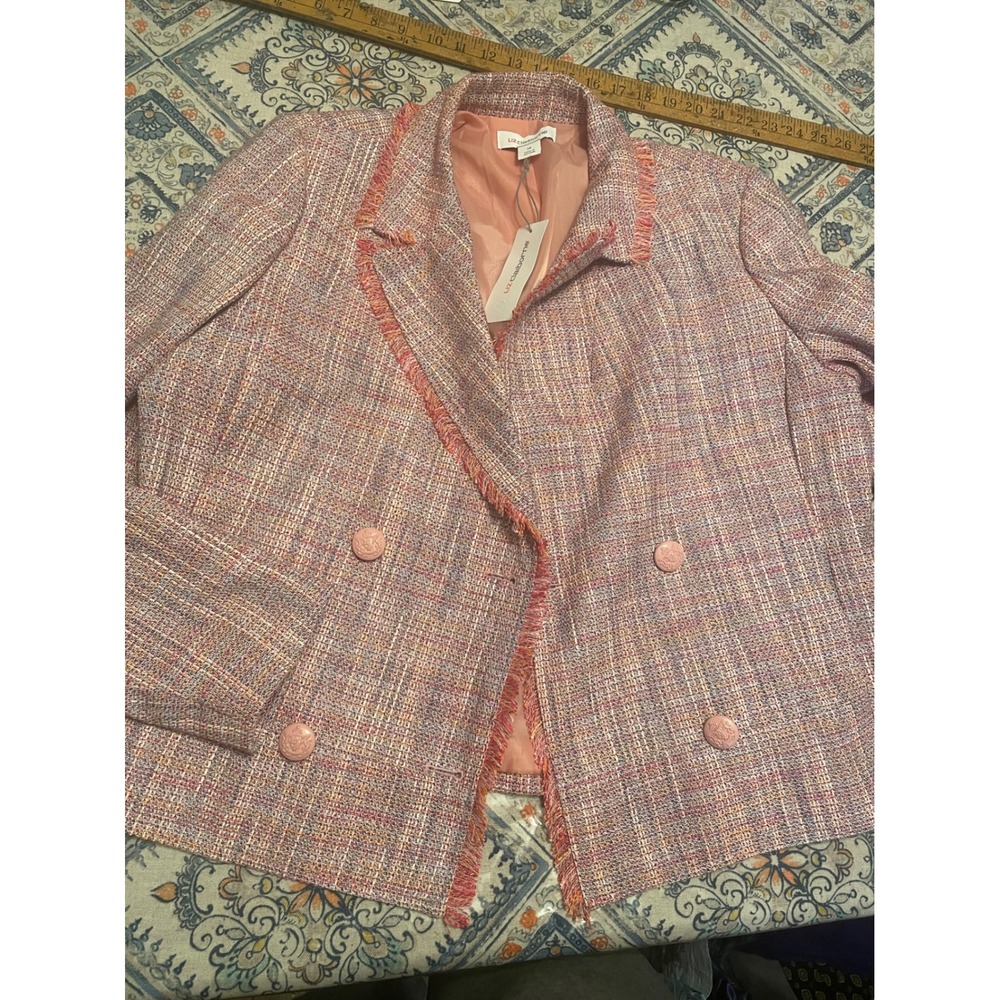Liz Claiborne Womens Pink Tweed Fringe Double Breasted Blazer Jacket Size 14 NWT